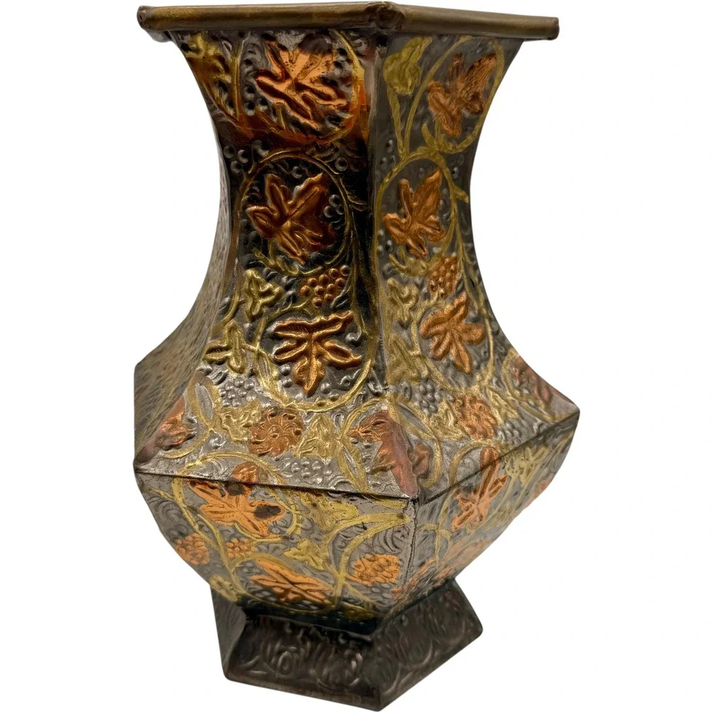 Vintage Mixed Metal Hexagonal Vase Embossed Leaf Design Made in India Good